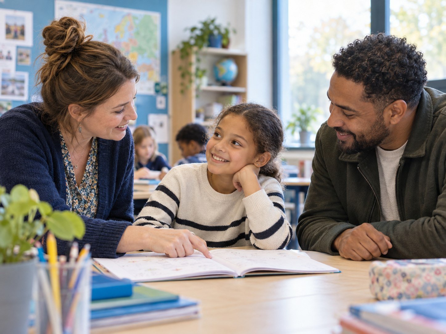 Une enseignante, un père et une élève échangent ensemble en classe